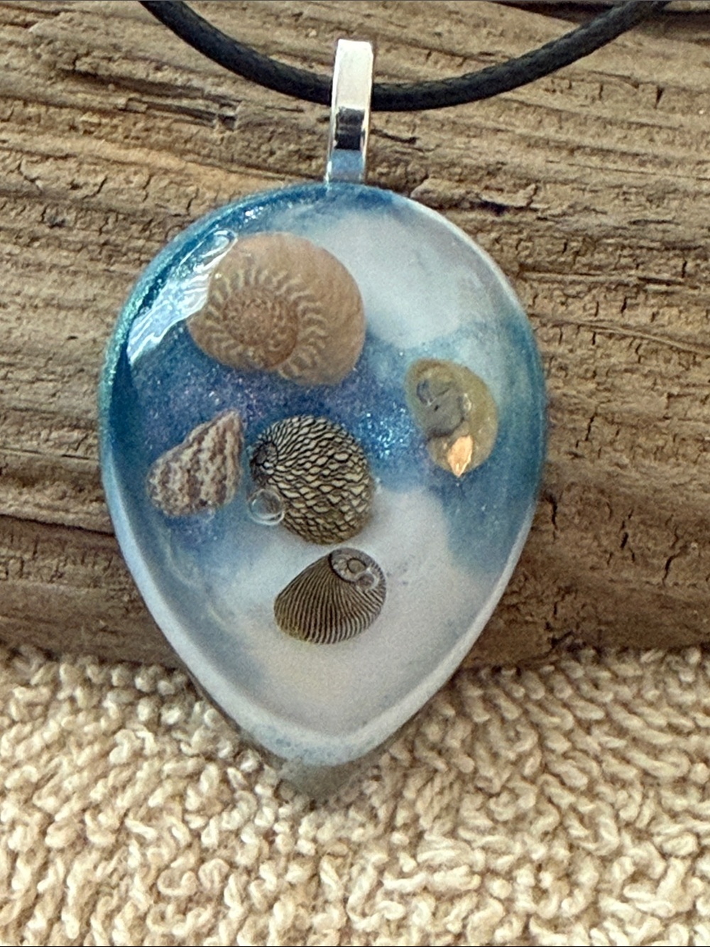 Hand Crafted Resin Blue Teardrop Shell Pendant Necklace